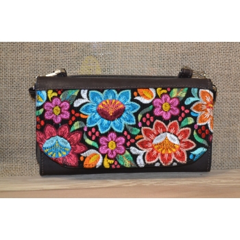 Portfel torebka skórzana ciemnobrązowa z kwiatowym kolorowym haftem .